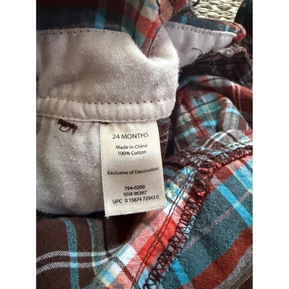 OshKosh Bgosh Plaid Cargo Shortall Overalls Brown Red Blue‎ 24 Months